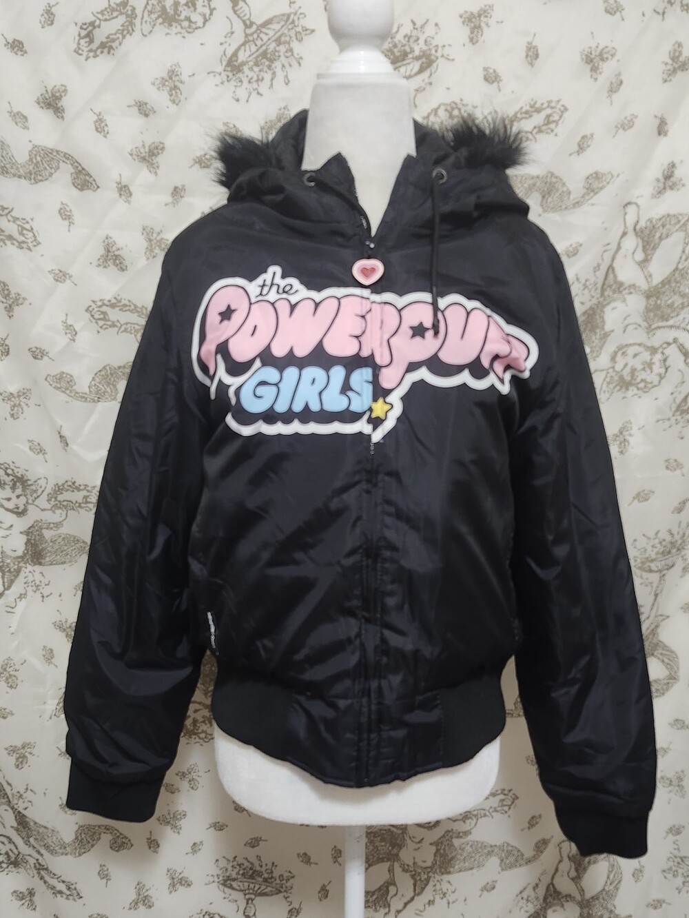Members Only Black Hooded Puffer Jacket with Pink & Blue Powerpuff Girls Logo M